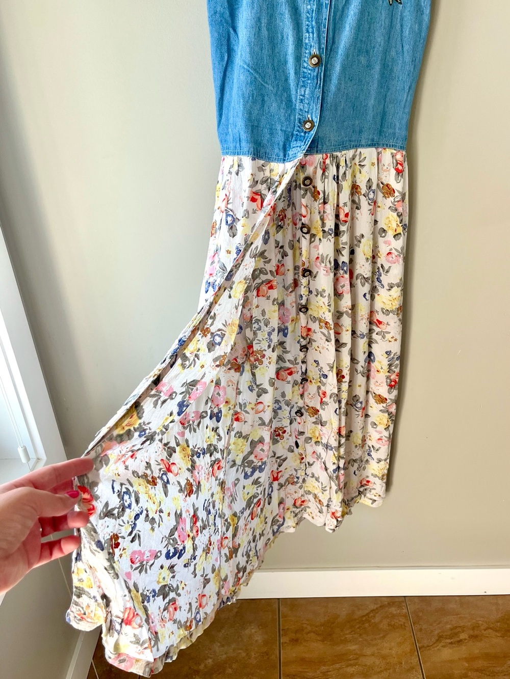 VTG Jane Ashley Blue Denim Top Floral Print Midi Dress Size Medium - 90's Boho - Picture 4 of 12